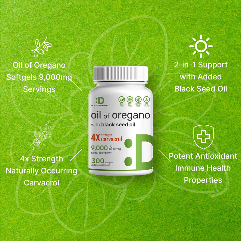 [Australia] - Deal Supplement Oil of Oregano Softgels with Black Seed Oil, 9,000mg Per Serving, 300 Count – 30:1 Extract, Active Carvacrol & Thymoquinone – Antioxidant Immune Health Support – Plant Based, GMO-Free 