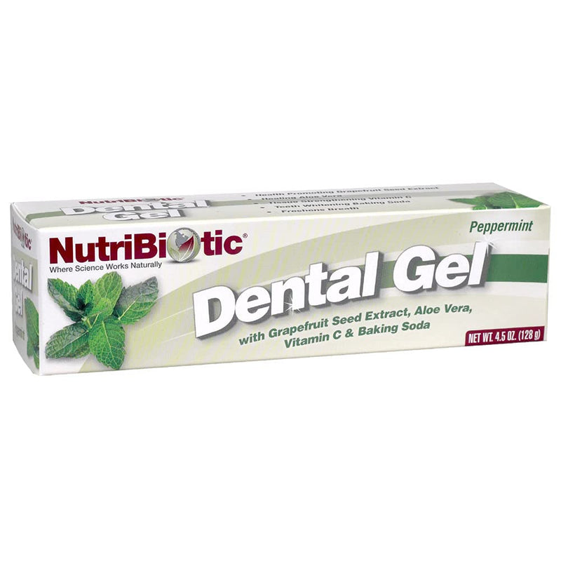 NutriBiotic Dental Gel, Golden Peppermint with GSE & Aloe - 4.5 oz | Fluoride Free, Vegan, Grapefruit Seed Extract, Vitamin C Enriched, Baking Soda Blend, Whole Family Use, Non Abrasive Formula