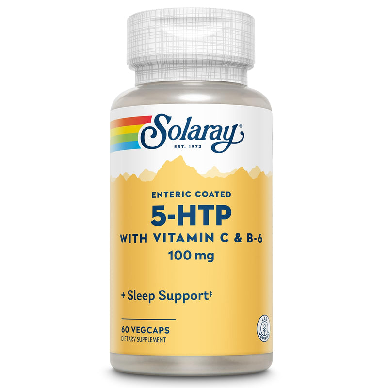 SOLARAY 5 HTP Supplement with Vitamin C & B-6 - Sleep Supplement and Serotonin Synthesis Support - Lab Verified - 60 Servings, 60 Enteric Coated VegCaps Unflavoured 60 Count (Pack of 1)