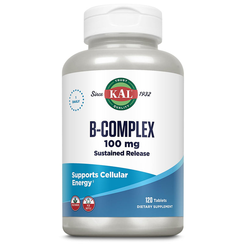 KAL B-100 Complex - Sustained Release Vitamin B Complex - Healthy Energy Support with Natural Base and Fresh Minty Coating - Vegetarian - 60 Day Guarantee - 120 Servings, 120 Tablets Unflavored 120 Count (Pack of 1)