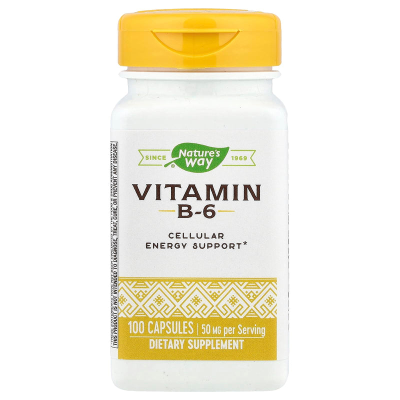 Nature's Way High Potency Vitamin B-6 Capsules, 50 mg per Serving, 100 ct | Supports Cellular Energy, Brain Function, and the Production of Serotonin*, Dietary Supplement for Adults 100 Count (Pack of 1)