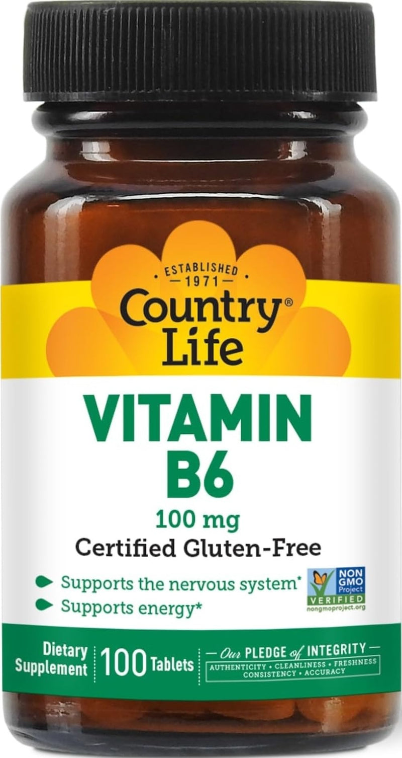 Country Life Vitamin B6 100 mg, High Potency, 100 Tablets | Supports energy metabolism and nervous system function; vegan, gluten-free and Non-GMO Project Verified B-6 Unflavored 100 Count (Pack of 1)