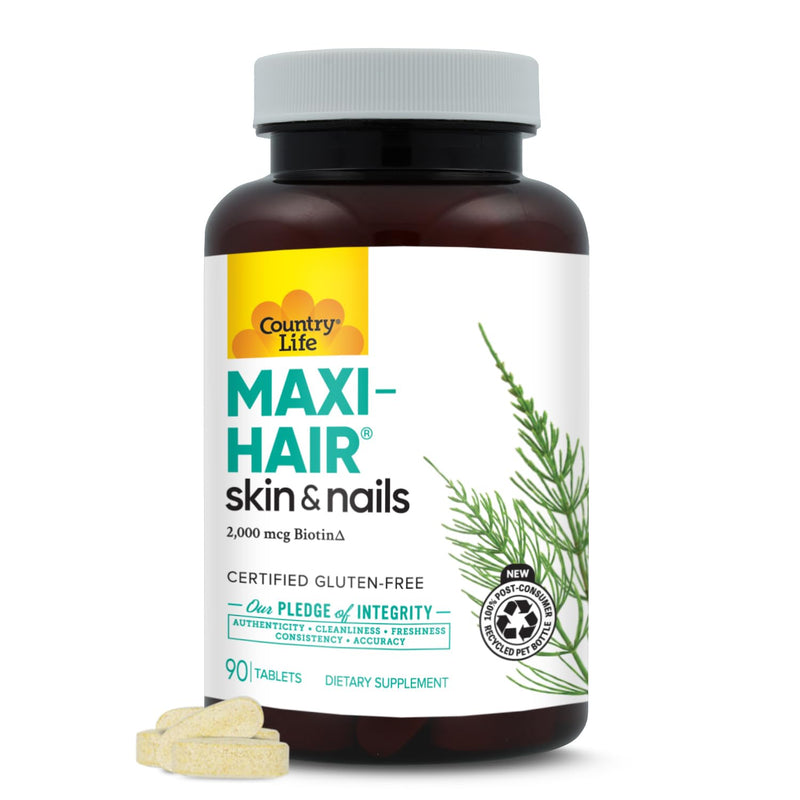 Country Life Maxi-Hair 2,000 mcg Biotin, Hair Skin Nails, 90 Tablets | 2,000 mcg biotin plus vitamins, minerals and Maxi Blend supports healthy hair, skin and nails. Unflavored 90 Count (Pack of 1)