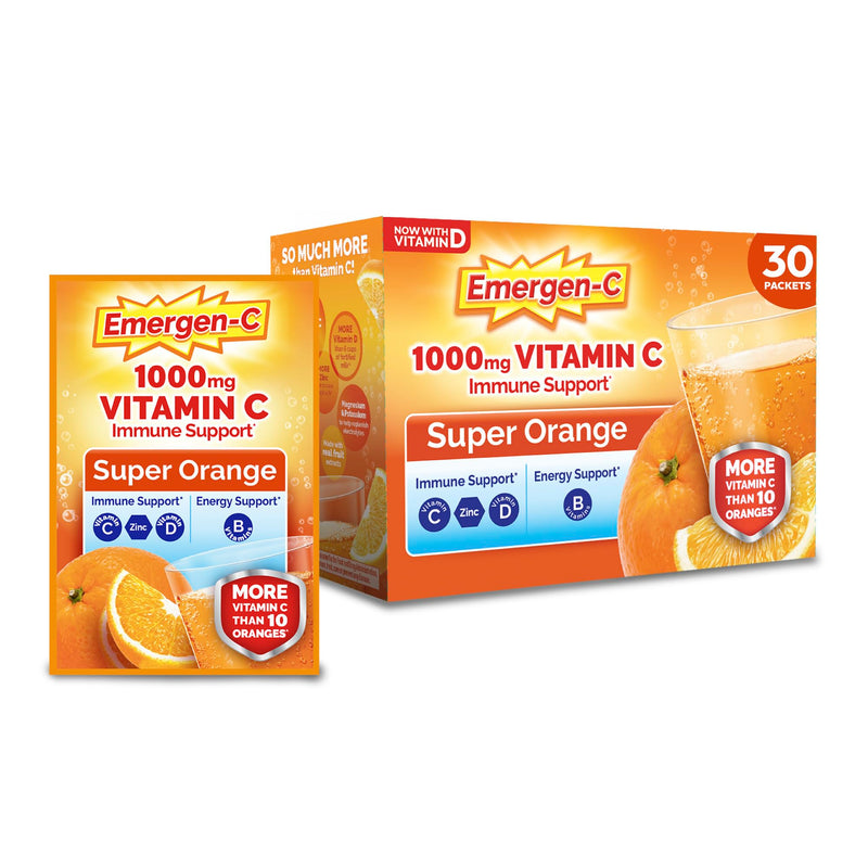 Emergen-C Vitamin C 1000mg Immune Support Powder, Orange, 30 ct | B Vitamins for Energy, Zinc and Manganese, Vitamin D, Electrolytes, Natural Flavor, Dissolves Quick Super Orange 9.6 Ounce (Pack of 1)