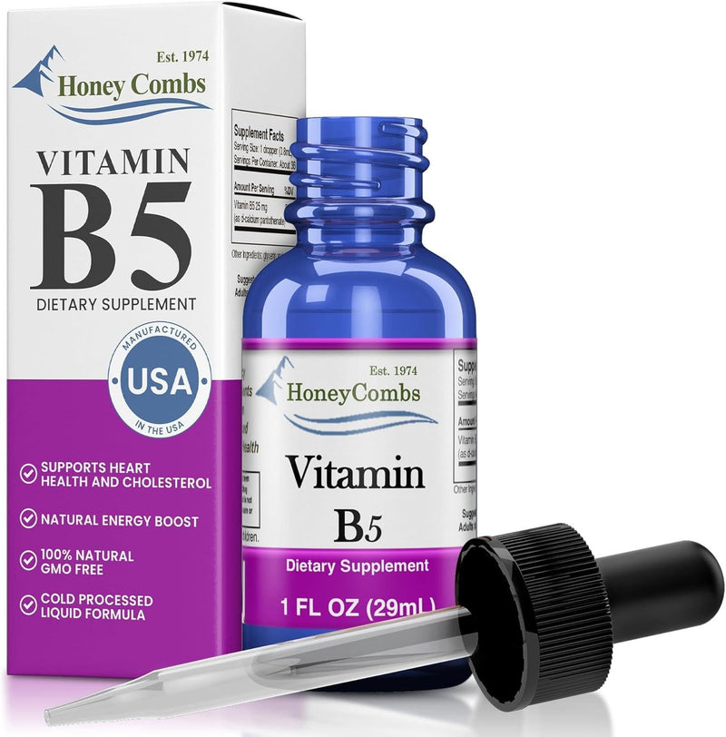 HoneyCombs Vitamin B5 Liquid Drops Pantothenic Acid, 1oz | Liquid Vitamin B5 (Pantothenic Acid) supports healthy energy metabolism with a fast-absorbing liquid formula 1 Fl Oz (Pack of 1)