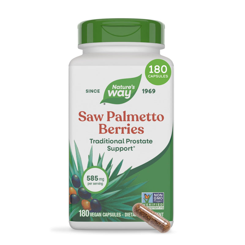Nature's Way Saw Palmetto Berries, Traditional Prostate Support*, 180 ct | Herbal Supplement for Men, 585 mg per Serving, Non-GMO Project Verified, Vegan Capsules, 180 Vegan Capsules 180 Count (Pack of 1)