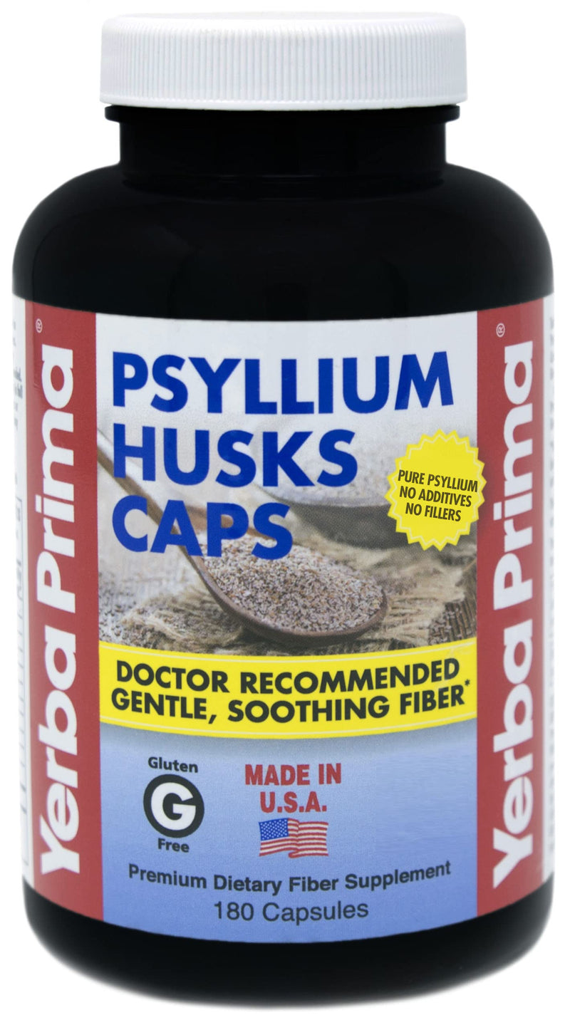 [Australia] - Yerba Prima Psyllium Husks Caps Dietary Fiber 625 mg, 180 Capsules - Colon Cleansing Supplement - Gut Health - Non-GMO Gluten Free Unflavored 180 Count (Pack of 1) 