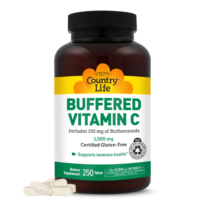Country Life Buffered Vitamin C 1000 mg, 250 Tablets | Gentle one-tablet formula 150 mg lemon bioflavonoids, rose hips, calcium and magnesium for daily immune support 250 Count (Pack of 1)