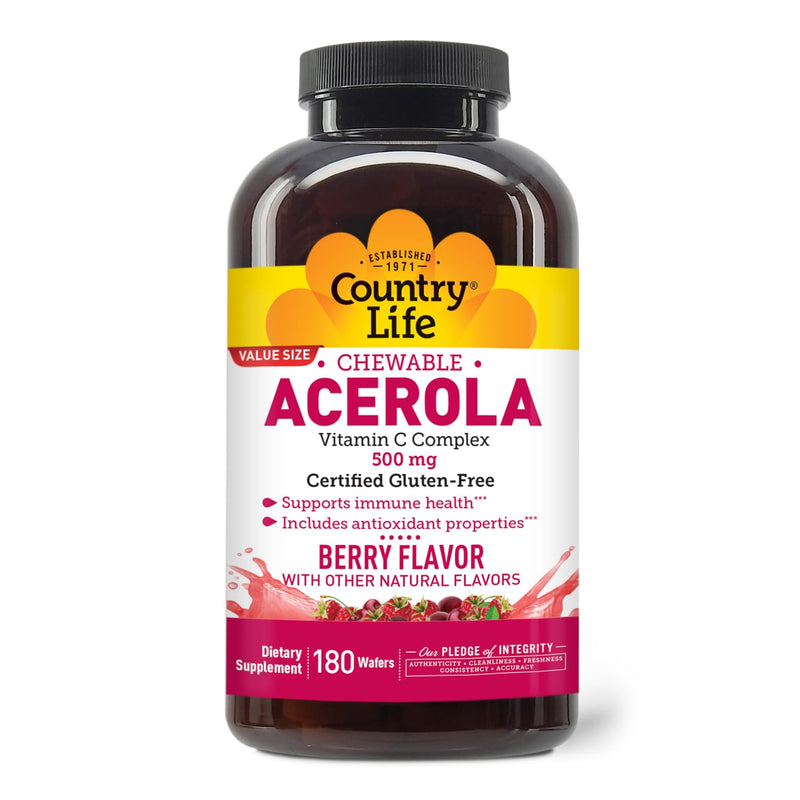 Country Life Acerola Vitamin C Complex 500 mg Chewable Wafers, 180 Count | Berry-flavored wafers with acerola, rose hips and citrus bioflavonoids; 500 mg vitamin C and 180 servings. 180 Count (Pack of 1)