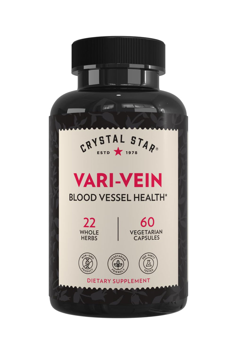 Crystal Star Vari-Vein (60 Capsules) - Herbal Circulation Support Supplement for Varicose Veins & Spider Veins Treatment - Witch Hazel, Butcher’s Broom, Hawthorn & Horse Chestnut- Non-GMO