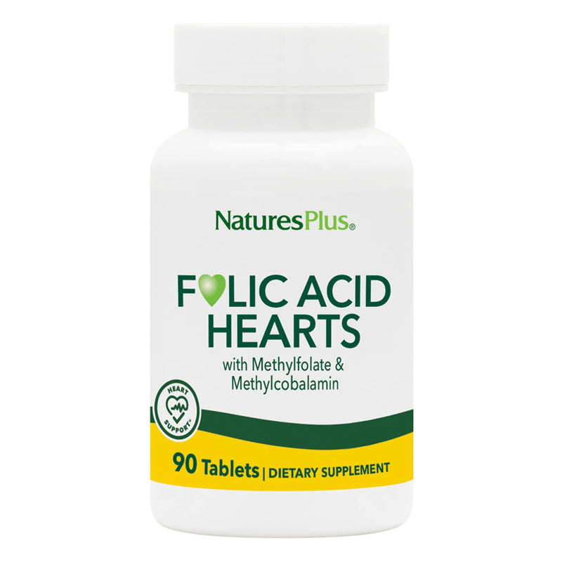 NaturesPlus Folic Acid Hearts - 90 Tablets - Supports Immune & Prenatal Health with Methylfolate & Methylcobalamin - Gluten Free, Vegetarian, Allergen Free - 90 Servings