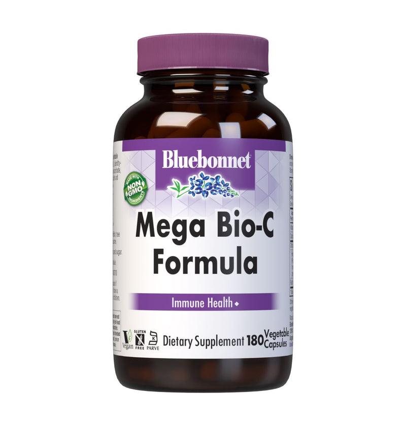 Bluebonnet Nutrition Mega Bio-C Formula Vegetable Capsules, High Potency Buffered Vitamin C, for Immune Health, Soy Free, Gluten Free, Non-GMO, Kosher, Dairy Free, Vegan, 180 Count | Third-party tested for purity and potency; manufactured in the USA