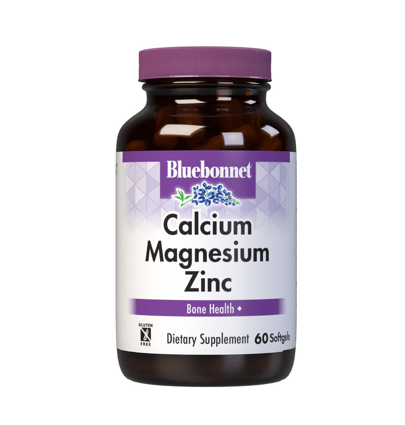 Bluebonnet Nutrition Calcium Magnesium Zinc Plus Vitamin D3, 1000 mg of Calcium, 500 mg of Magnesium and 15 mg of Zinc, 400 IU Vitamin D3, For Strong Healthy Bones*, Gluten-Free, Dairy-Fee, 60 softgel | For Strong Healthy Bones; Gluten-Free Unflavor