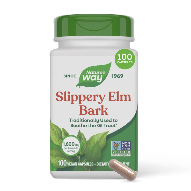 Nature's Way Slippery Elm Bark Capsules, 1,600 mg per Serving, 100 ct | Traditional Digestive Support to Soothe Gastrointestinal Tract*, Traditional GI Support*, Vegan Capsules 100 Count (Pack of 1)