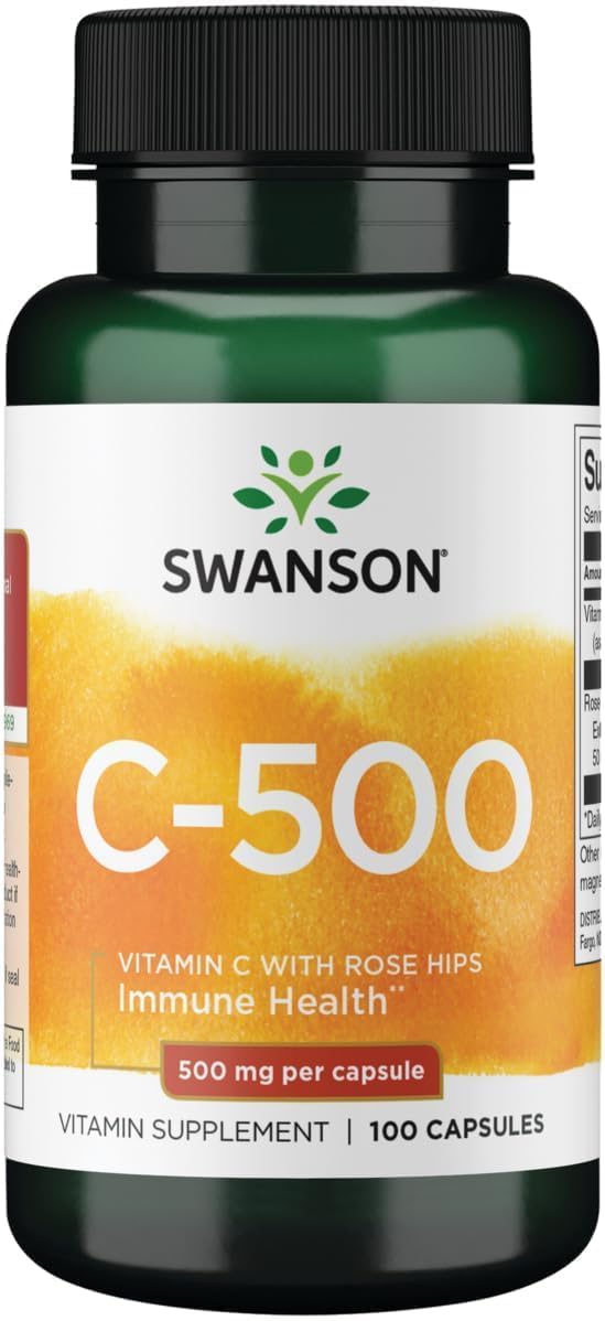 Swanson Vitamin C with Rose Hips for Immune Support, 500 mg, 100 Capsules | Vitamin C with Rose Hips for Immune, Skin and Cardiovascular Health; Antioxidant Support in a Plant-Based Formula 100 Count (Pack of 1)