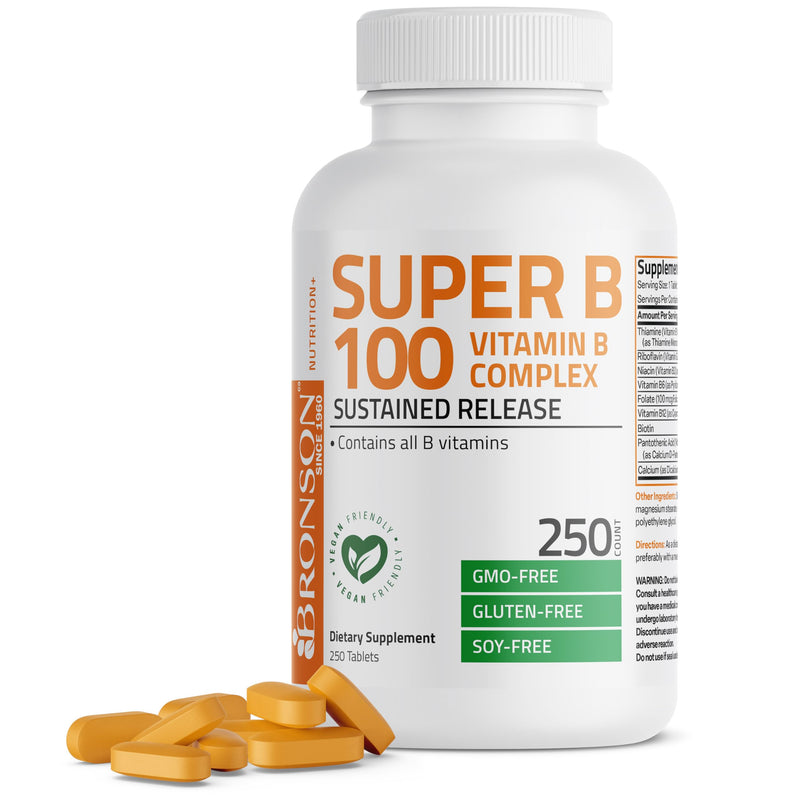 Bronson Super B100 Vitamin B Complex Sustained Release, 250 Tablets | B1, B2, B3, B6, Folic Acid, B12, Biotin & Pantothenic Acid, Energy & Nerve Support, Non-GMO, Gluten-Free & Soy-Free Unflavored 250 Count (Pack of 1)