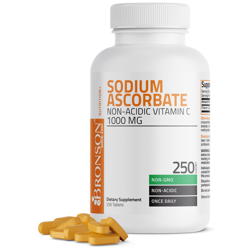 Bronson Non-Acidic Vitamin C 1000 mg as Sodium Ascorbate, 250 Tablets | Gentle on the Stomach, Immune, Antioxidant & Collagen Support, Non-GMO