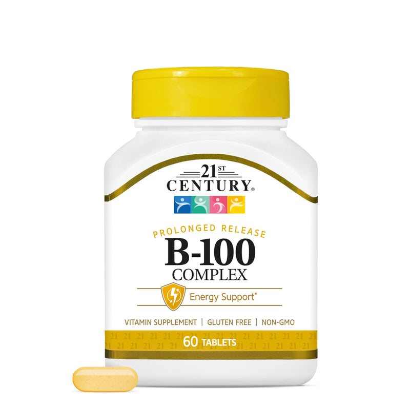 21st Century B-100 Complex Prolonged Release Tablets, Energy, 60 Count | High-Potency B-100 Complex with B1, B2, B6, B12, Biotin & Folic Acid, Energy Metabolism & Nervous System Support, Gluten Free 60 Count (Pack of 1)