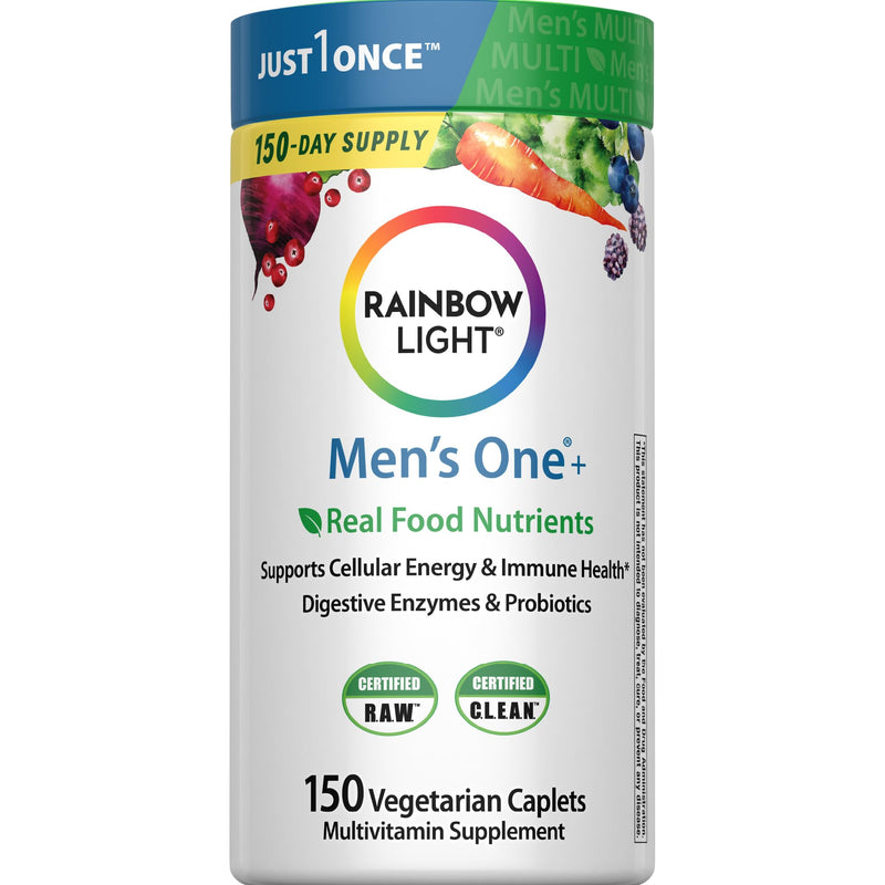 Rainbow Light Mens Multivitamin One + | 150 Caplets | Supports Cellular Energy & Immune Health | with Vitamins C, D, and Zinc | Real Food Nutrients, Digestive Enzymes & Probiotics Men's One 150 Count (Pack of 1)