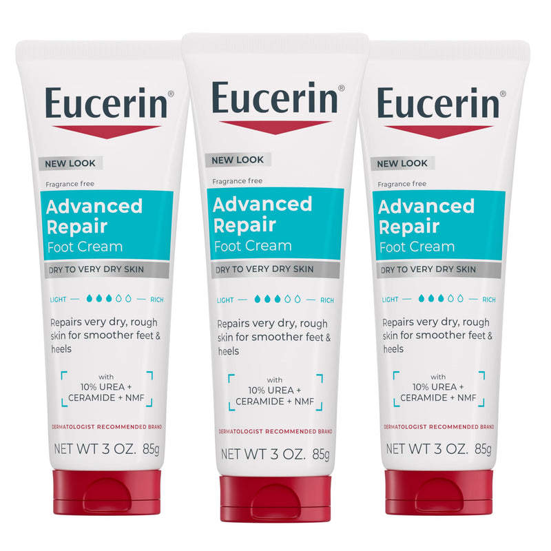 Eucerin Advanced Repair Foot Cream with Urea, Mulitpack, 3 x 3 OZ | Fragrance Free Foot Cream for Dry Feet, with Urea, Ceramide and NMF, Repairs Rough Skin, Smoother Feet and Heels, Travel Size