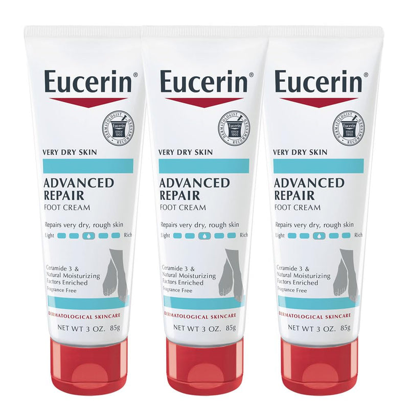 [Australia] - Eucerin Advanced Repair Foot Cream for Dry Feet and Heels, Repairs Very Dry, Rough Skin, Fragrance Free, Non Greasy, Fast Absorbing, Travel Size Lotion, 3 Oz Tube, Pack of 3 