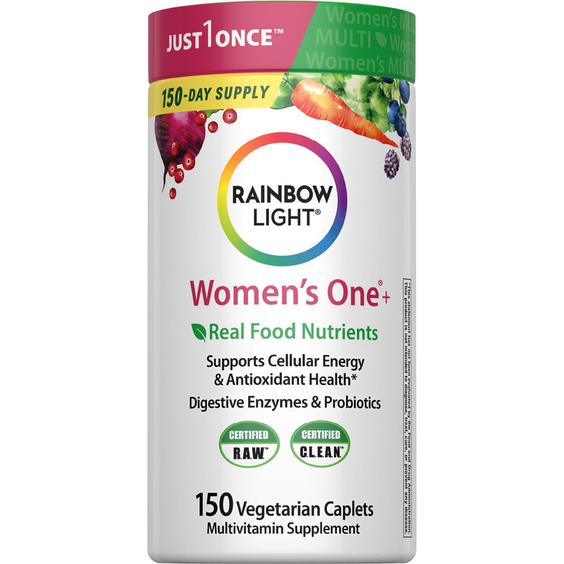 Rainbow Light Womens Multivitamin One + | 150 Caplets | Supports Cellular Energy & Antioxidant Health | Real Food Nutrients, Digestive Enzymes & Probiotics | with Vitamins C, D, and Zinc Women's One 150 Count (Pack of 1)