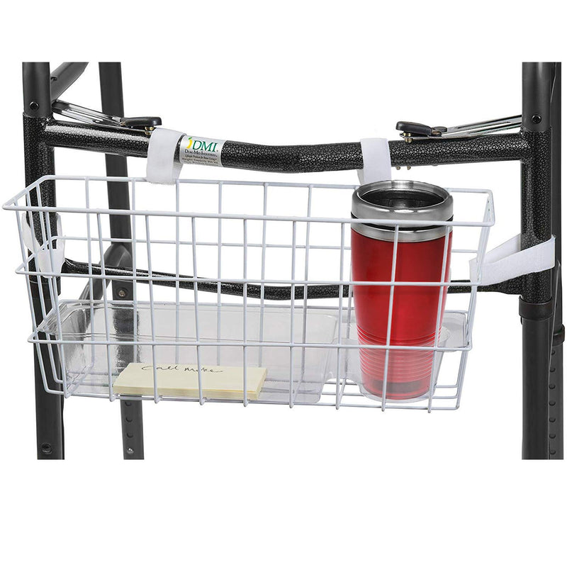[Australia] - HealthSmart Walker Storage Basket with Cup Holder and Insert Tray, No Tools Needed, White, 16 x 5.5 x 7, Walker Accessories Walker Basket Only (Pack of 1) 