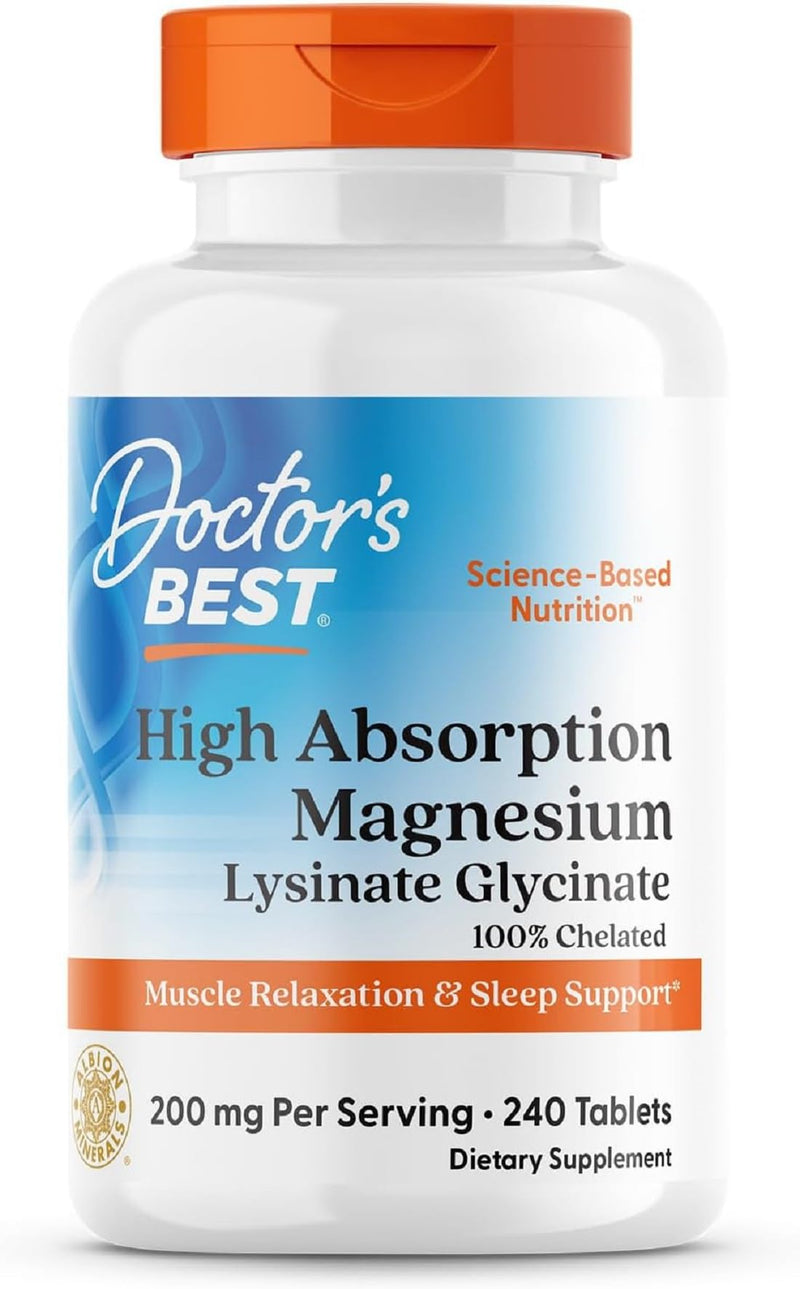 Doctor's Best High Absorption Magnesium Glycinate Lysinate Supplement for Sleep Support - Chelated Magnesium Tablets for Women & Men, 200mg per Serving, Supports Calm & Relaxation, Vegan - 240 Count 240 Count (Pack of 1)