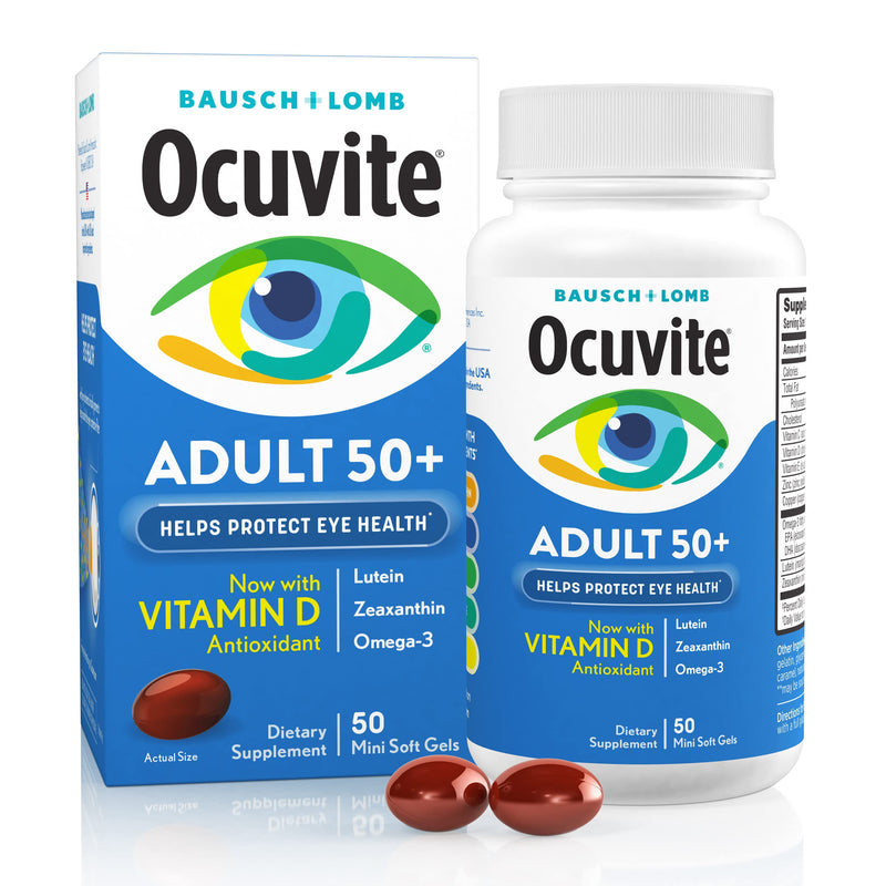 Ocuvite 50+ Eye Vitamin & Mineral Supplement, Multivitamin for Vision & Ocular Health with Omega-3, Zinc, Vitamins C & E, Lutein & Zeaxanthin, Zinc Supplements for Women and Men, 50 Softgels 50 Count (Pack of 1)