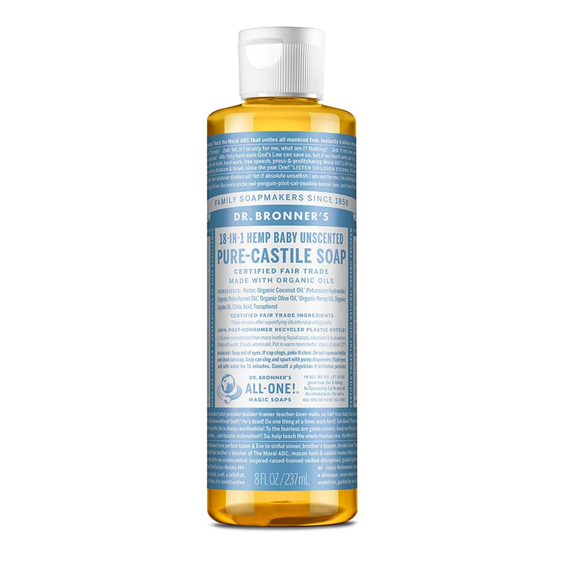 [Australia] - Dr. Bronner's - Pure-Castile Liquid Soap (Baby Unscented, 8 Ounce) - Made with Organic Oils, 18-in-1 Uses: Face, Hair, Laundry, Dishes, For Sensitive Skin, Babies, No Added Fragrance, Vegan, Non-GMO 8 oz 
