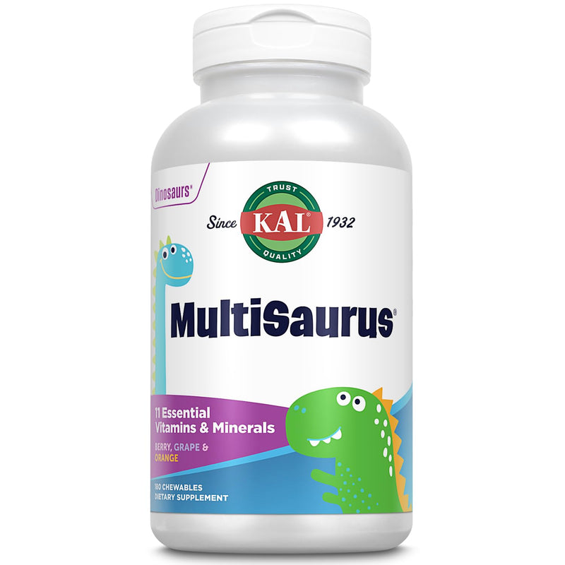 KAL MultiSaurus Kids Chewable Multivitamins, 11 Essential Vitamins and Minerals for Kids, Berry, Grape, Orange Chewables, Gluten and Fructose Free, 180 Servings, 180 Dinosaur-Shaped Chewables 180 Count (Pack of 1)