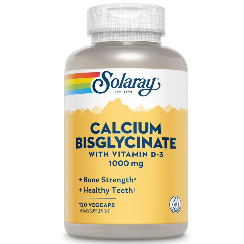 SOLARAY Calcium Bisglycinate Supplement 1000mg for Women & Men 120 Veg Caps | Calcium with Vitamin D3, Bone Strength & Teeth Health Support, Chelated Capsules, Easy to Digest