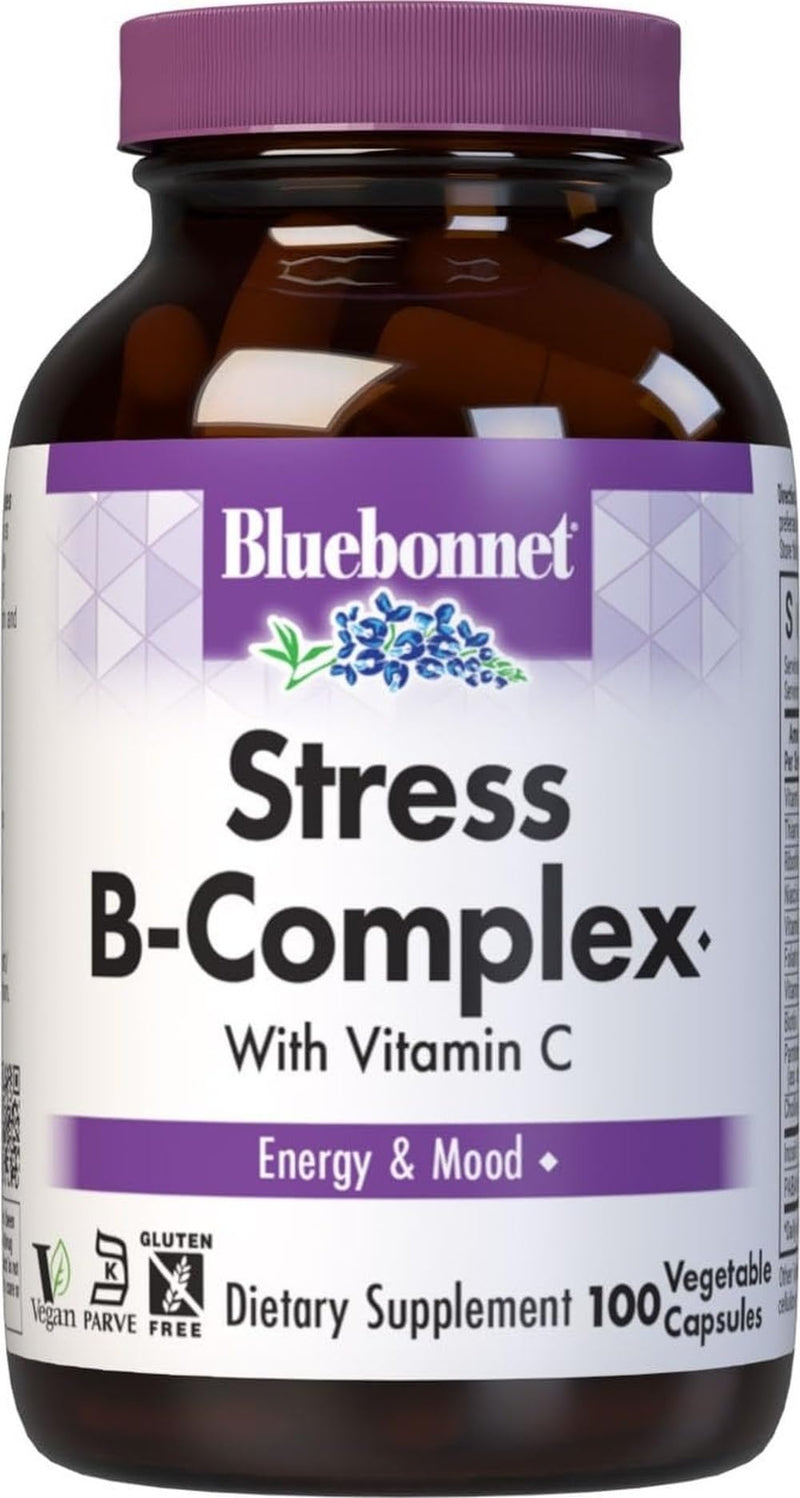 Bluebonnet Nutrition Stress Relief B Complex Vegetable Capsules, Vitamin B6, B12, Biotin, Folate, Vegan, Gluten & Soy & Milk Free, Kosher, Unflavored, 100 Count | Folate Energy & Daily Fatigue Supplement; Vegan, Gluten-Free 100 Count (Pack of 1)