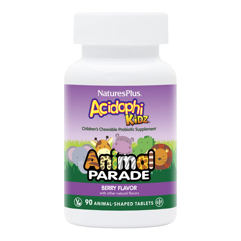 [Australia] - Natures Plus Animal Parade AcidophiKidz, Berry Flavor - 90 Chewable, Animal-Shaped Tablets - with Probiotics, FOS & Grape Seed - 90 Total Servings 1 