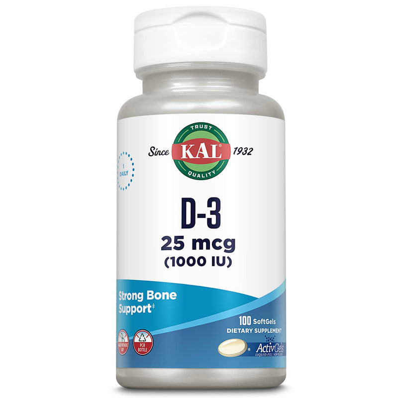 KAL Vitamin D3 1000 IU Softgels (25 mcg), Active Form of Vitamin D, Calcium Absorption, Bone Health, Immune Support Supplement, Liquid Filled ActivGel, Made Without Soy, 100 Servings, 100 Softgels 100 Count (Pack of 1)