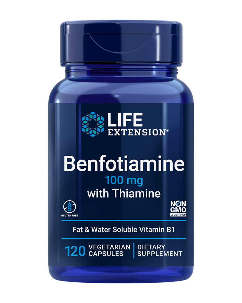 Life Extension Benfotiamine with Thiamine, 100 mg benfotiamine, Cardiovascular Health, Brain Health, Non-GMO, Gluten-Free, 120 Vegetarian Capsules 120 Count (Pack of 1)