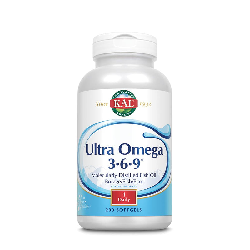 KAL Ultra Omega 3-6-9 1200mg | Fish Oil w/Cold Pressed Flaxseed & Borage Oil | Skin, Hair, Heart, Memory | 200 Softgels 200 Count (Pack of 1)