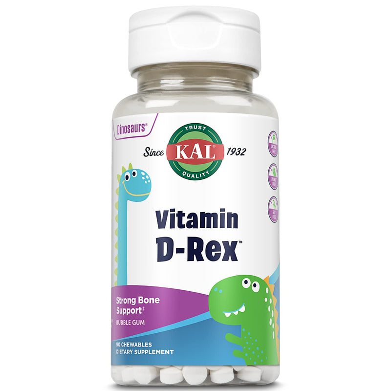 KAL Vitamin D-Rex Chewable, Childrens Vitamins 400 IU D-3, Bubble Gum Flavor, Strong Bone & Immune Support, Lactose/Peanut/Soy Free, 60-Day Guarantee, 90 Servings, 90 Dinosaur Shape Chewables 90 Count (Pack of 1)