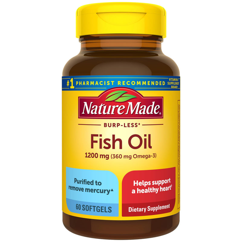 Nature Made Burp Less Fish Oil Omega 3, 1200 mg Softgels, 60 Softgels | EPA DHA Omega 3 Fish Oil Supplements for Healthy Heart Support, 30 Day Supply 60 Count (Pack of 1)