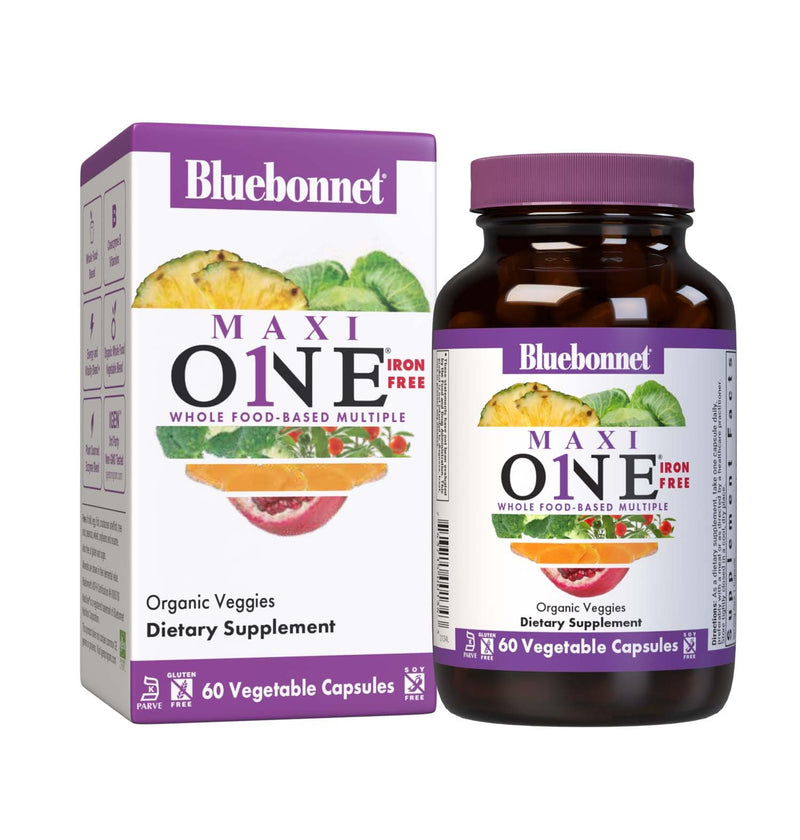 Bluebonnet Nutrition Maxi One (Iron-Free), Whole Food Multiple, Enzymes, Energy, Vitality, Gluten-Free, Kosher, Dairy-Free, Vegetarian Friendly, Soy-Free, Non-GMO, 60 Vegetable Capsule, 2 Month Supply | Energy; Non-GMO, Vegetarian, Kosher