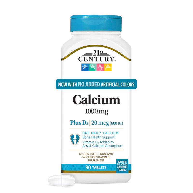 21st Century Calcium 1000mg Plus D3 Tablets, Bone Health, 90 Count | Calcium 1000 mg with Vitamin D3 20 mcg (800 IU), Bone Strength & Density Support, Daily Supplement for Men & Women Unflavored 90 Count (Pack of 1)