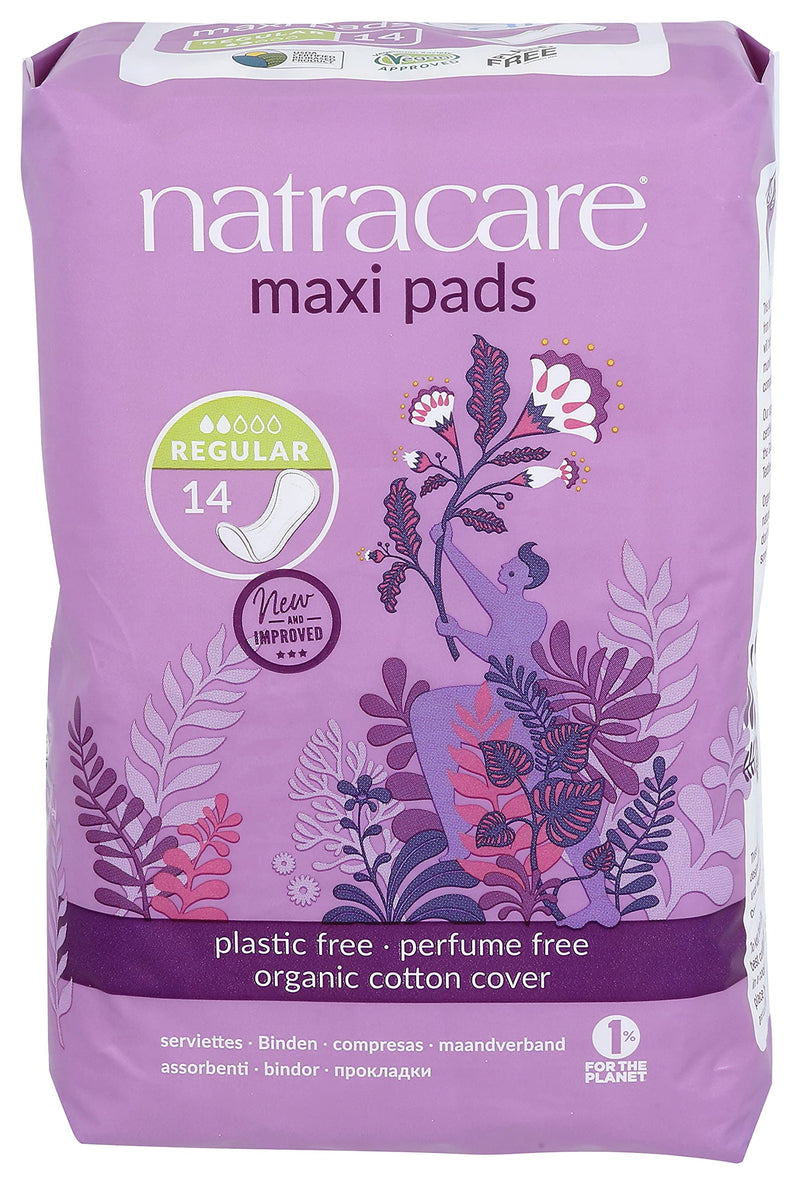 [Australia] - Natracare Natural Traditional Style Maxi Pads, Regular, Individually Wrapped, Without Wings in Plant-Based Bag (1 Pack, 14 Pads Total) 14 Count (Pack of 1) 
