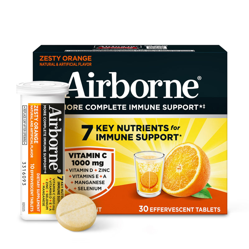 Airborne Immune Support Effervescent Tablets, Zesty Orange Flavor - 30ct with 1000mg Vitamin C + Vitamins A, D, E, Zinc, Selenium, Manganese & Herbal Blend - Sugar‑Free, Gluten‑Free Citrus 30 Count (Pack of 1)