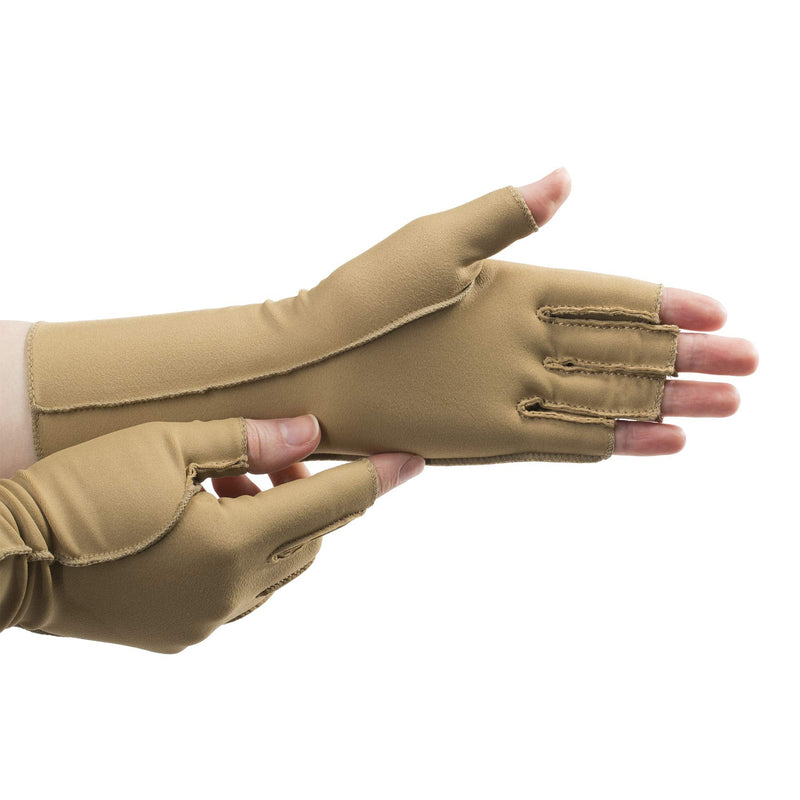 [Australia] - isotoner Women & Men Arthritis Compression Rheumatoid Pain Relief Gloves for joint support with Open/Full finger design Camel Small One Pair of Open Finger Gloves 