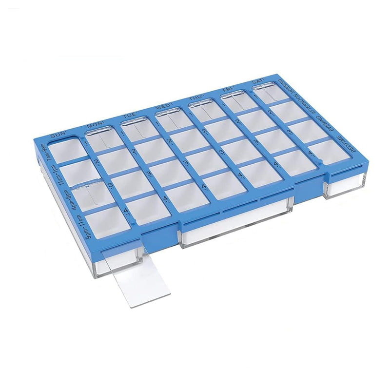 EZY DOSE Weekly AM/PM (7-Day) Daily Practidose Pill Planner, Medicine Case, Vitamin and Supplement Organizer, Large Easy Fill Compartments, 4 Times a Day, 28 Compartments, Clear Lids, Blue, BPA Free Large 12.25"x7.75"x1.5" (Pack of 1)