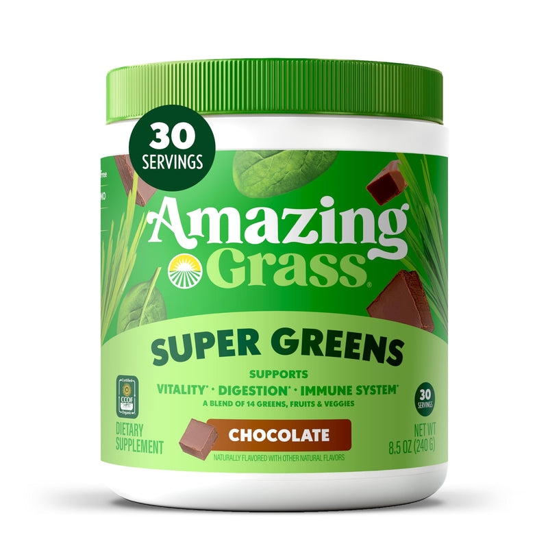 Amazing Grass Super Greens Powder Chocolate, 30 Servings, 8.5 oz | Organic Greens Superfood Powder with Spirulina, Beet Root, Probiotics & Digestive Enzymes to Support Digestion 8.5 Ounce (Pack of 1)