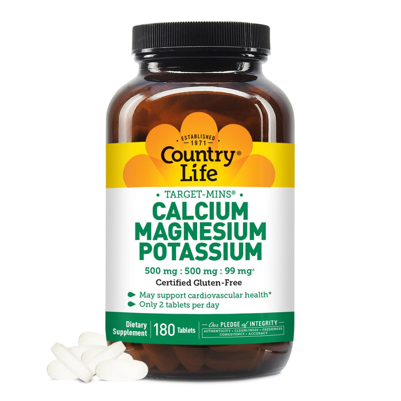 [Australia] - Country Life Target Mins - Calcium Magnesium Potassium Bone & Heart Health Supplement, 1000mg Calcium, 500mg Magnesium, Supports Calcium Utilization, 180 Tablets ‚Äì Certified Gluten Free & Vegan 180 Count (Pack of 1) 