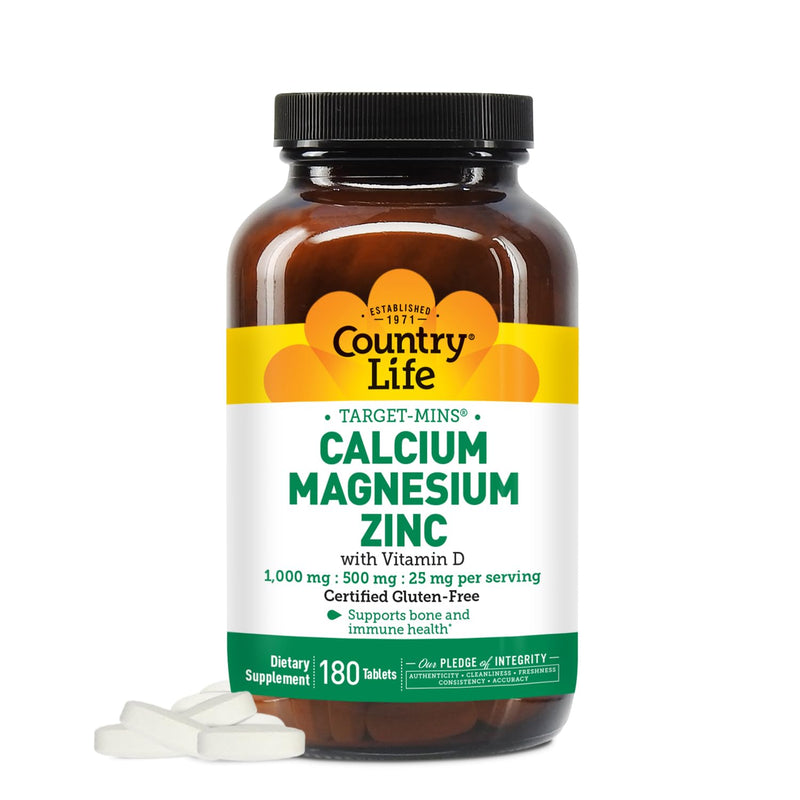 Country Life Calcium Magnesium Zinc with Vitamin D3 and L-Glutamic Acid, Dietary Supplement for Bone Support, Certified Gluten Free, 1000mg/500mg/25mg, 180 Tablets 180 Count (Pack of 1)