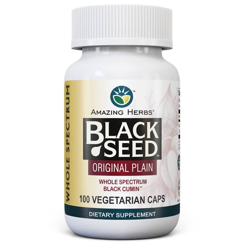 [Australia] - Amazing Herbs Whole Spectrum Black Seed Original Plain, Vegetarian Capsules - Gluten Free, Non GMO, Cold Pressed Nigella Sativa Aids in Digestive Health - 100 Count, 475mg 100 Count (Pack of 1) 