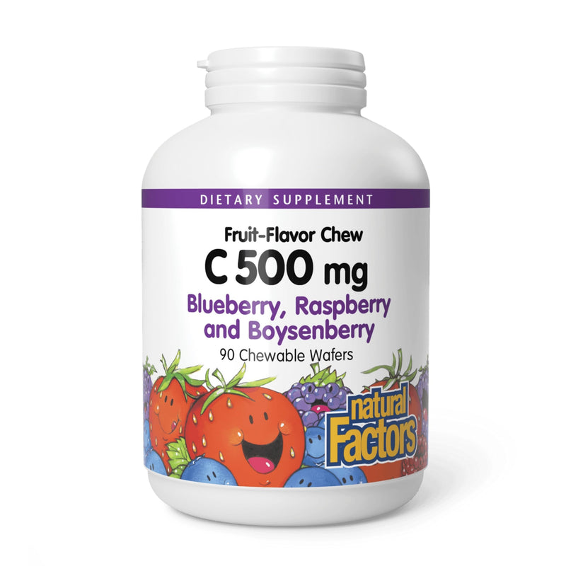 Natural Factors, Kids Chewable Vitamin C 500 mg, Supports Immune Health, Bones, Teeth and Gums, Blueberry, Raspberry and Boysenberry, 90 Count (Pack of 1) 90 Count (Pack of 1)